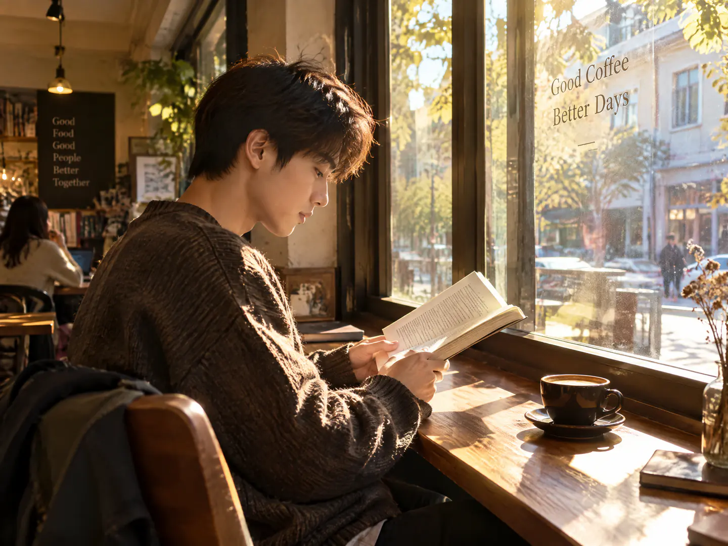 AI-generated lifestyle photo of a young man reading by a café window, with afternoon sun on the wooden table and coffee cup and decorative English lettering on a chalkboard behind him