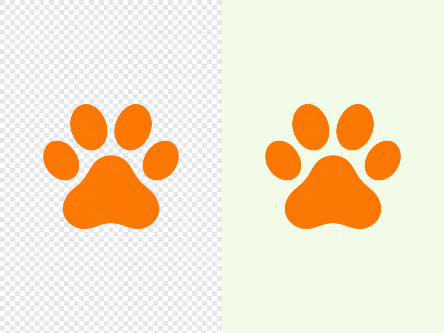 AI-generated orange paw icon, shown on a checkerboard that indicates transparency on the left and on a light green background on the right