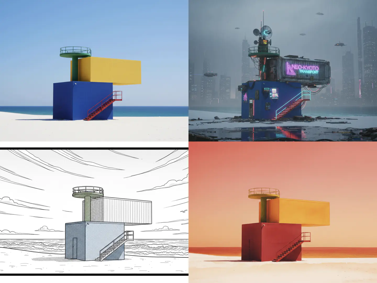 The same geometric forms shown in realistic, futuristic, line drawing, and warm-colored styles