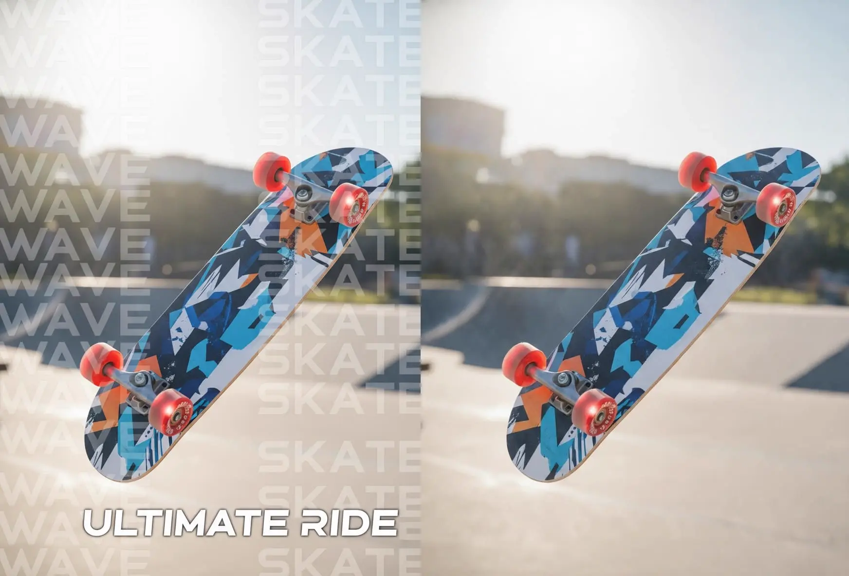 滑板图片中重复文字水印处理前后的对比