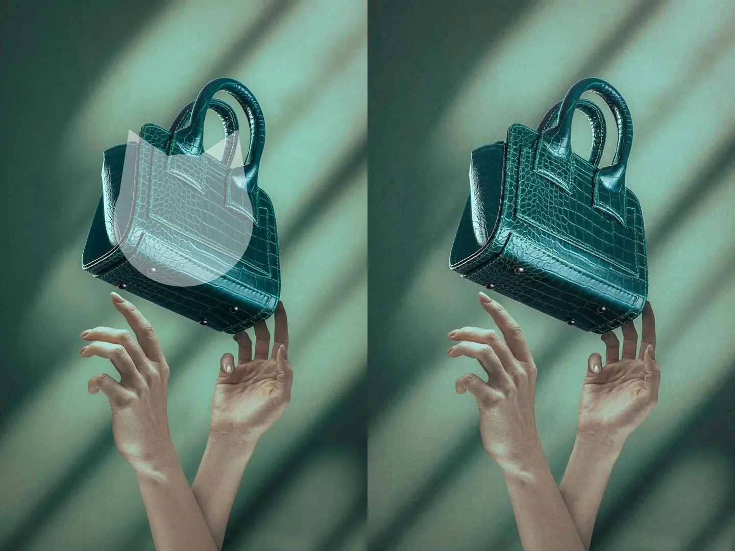 Before and after a semi-transparent logo over the subject is removed from a product photo