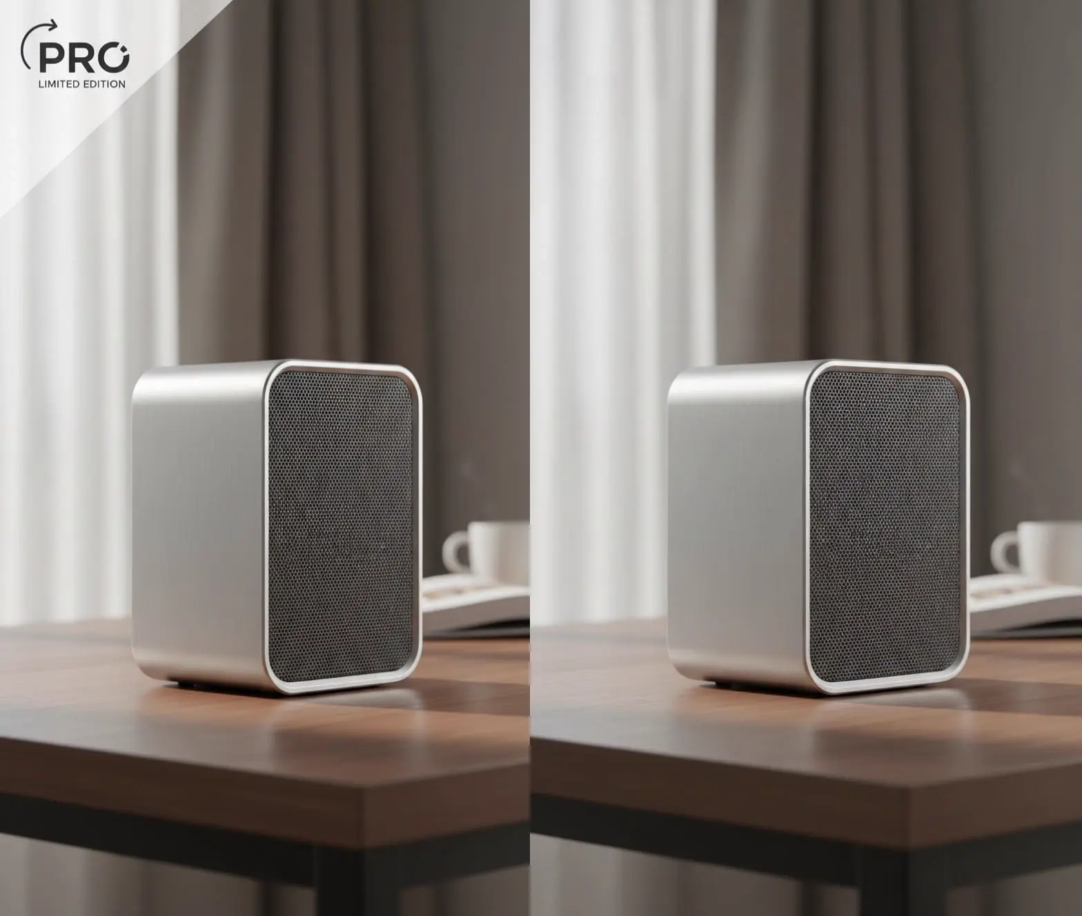 Illustration of corner watermark cleanup on a desktop speaker video frame