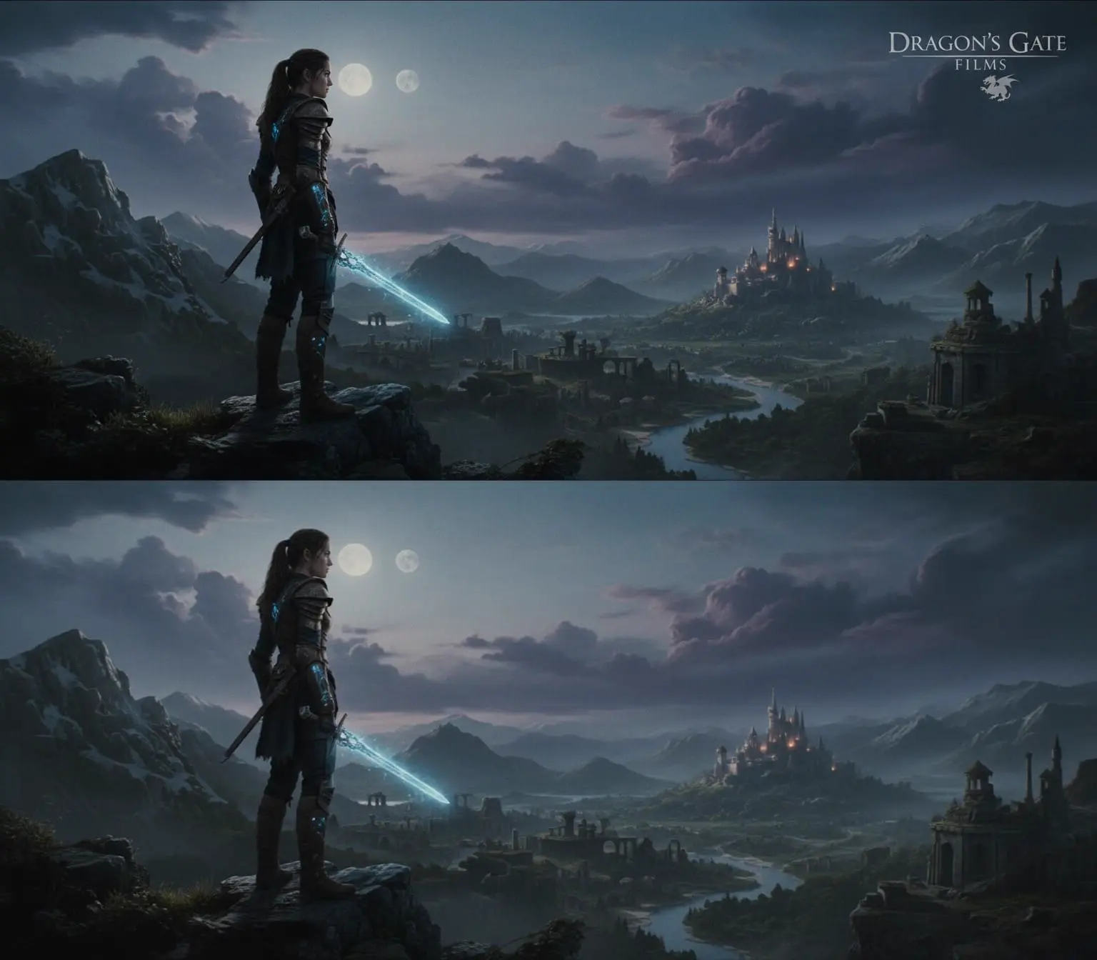 Before-and-after illustration of text cleanup in a game scene