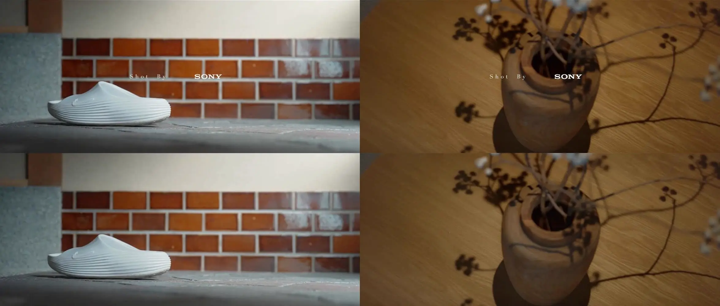 Product video frame illustrations showing text marks on shoes and a camera